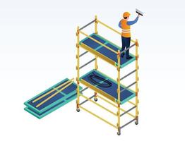 Worker putty on scaffold banner, isometric style vector