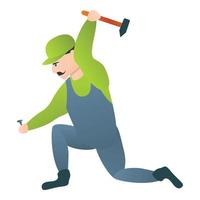 Carpenter with hammer icon, cartoon style vector