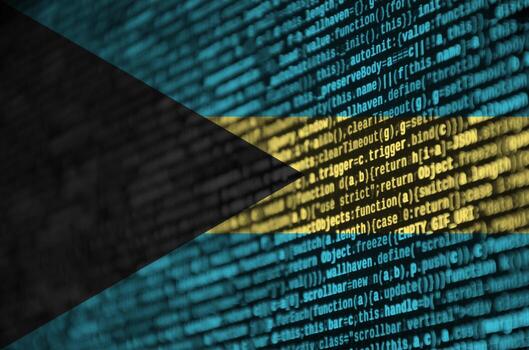 Bahamas flag  is depicted on the screen with the program code. The concept of modern technology and site development photo
