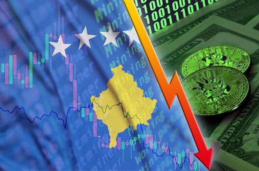 bandera de kosovo y tendencia de caída de criptomonedas con dos bitcoins en billetes de dólar y visualización de código binario foto