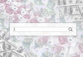 The search string is located on top of collage of many images of euro banknotes in denominations of 100 and 500 euros lying in the heap photo