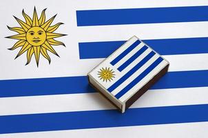 Uruguay flag  is pictured on a matchbox that lies on a large flag photo