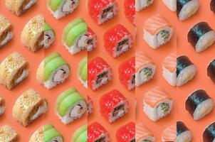 Collage with Different types of asian sushi rolls on orange background. Minimalism top view flat lay pattern with Japanese food photo