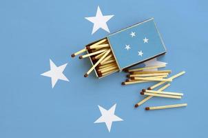 Micronesia flag  is shown on an open matchbox, from which several matches fall and lies on a large flag photo