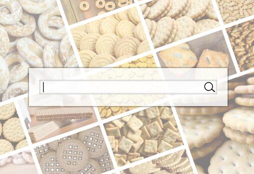 Visualization of the search bar on the background of a collage of many pictures with various sweets close-up. A set of images with varieties of biscuits, bagels and candies photo