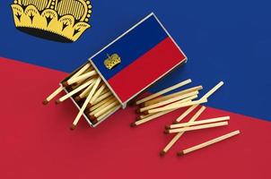 Liechtenstein flag  is shown on an open matchbox, from which several matches fall and lies on a large flag photo