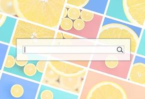 Visualization of the search bar on the background of a collage of many pictures with juicy oranges. Set of images with fruits on backgrounds of different colors photo