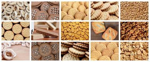 A collage of many pictures with various sweets close-up. A set of images with varieties of biscuits, bagels and candies photo