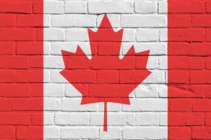 Canada flag depicted in paint colors on old brick wall. Textured banner on big brick wall masonry background photo