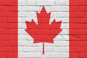 Canada flag depicted in paint colors on old brick wall. Textured banner on big brick wall masonry background photo