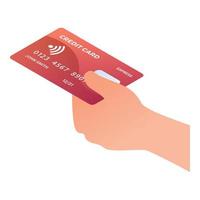 Hand take red credit card icon, isometric style vector