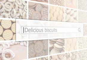 Visualization of the search bar on the background of a collage of many pictures with various sweets close up. Delicious biscuits photo