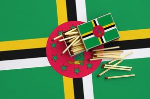 Dominica flag  is shown on an open matchbox, from which several matches fall and lies on a large flag photo