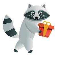 Raccoon gift box icon, cartoon style vector