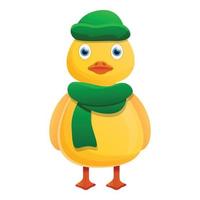 Yellow duck green winter clothes icon, cartoon style vector