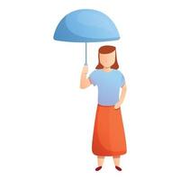 Woman in red skirt with blue umbrella icon, cartoon style vector