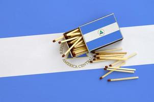 Nicaragua flag  is shown on an open matchbox, from which several matches fall and lies on a large flag photo