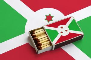 Burundi flag  is shown in an open matchbox, which is filled with matches and lies on a large flag photo