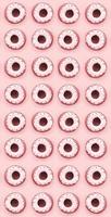Many small plastic donuts lies on a pastel colorful background. Flat lay minimal pattern. Top view photo