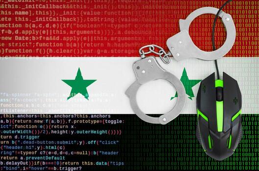 Syria flag  and handcuffed computer mouse. Combating computer crime, hackers and piracy photo