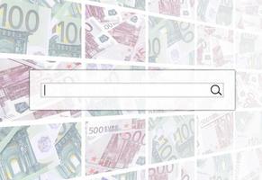 The search string is located on top of collage of many images of hundreds of dollars and euro bills lying in a pile photo