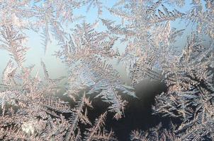 Snowflakes frost rime macro on window glass pane photo