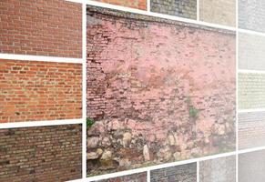 A collage of many pictures with fragments of brick walls of different colors close-up. Set of images with varieties of brickwork photo