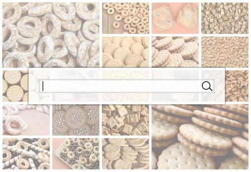 Visualization of the search bar on the background of a collage of many pictures with various sweets close-up. A set of images with varieties of biscuits, bagels and candies photo