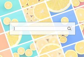 Visualization of the search bar on the background of a collage of many pictures with juicy oranges. Set of images with fruits on backgrounds of different colors photo