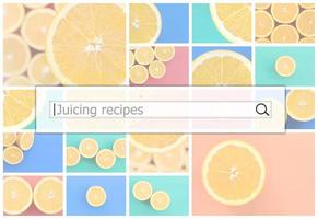 Visualization of the search bar on the background of a collage of many pictures with juicy oranges. Juicing recipes photo