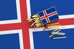 Iceland flag  is shown on an open matchbox, from which several matches fall and lies on a large flag photo