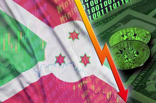 bandera de burundi y tendencia descendente de criptomonedas con dos bitcoins en billetes de dólar y visualización de código binario foto