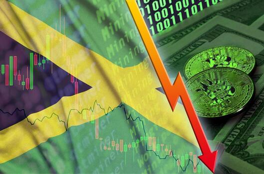 bandera de jamaica y tendencia de caída de criptomonedas con dos bitcoins en billetes de dólar y visualización de código binario foto