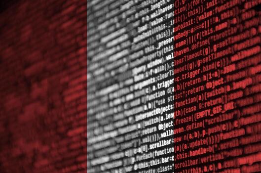 Peru flag  is depicted on the screen with the program code. The concept of modern technology and site development photo