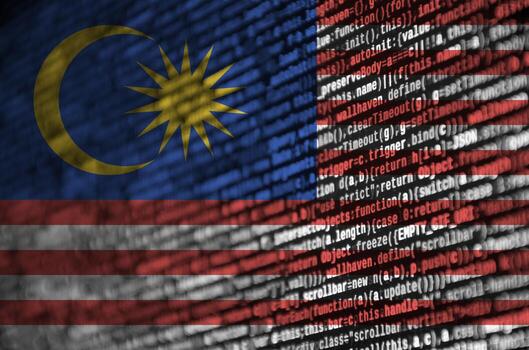 Malaysia flag  is depicted on the screen with the program code. The concept of modern technology and site development photo
