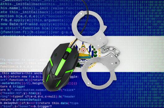 El Salvador flag  and handcuffed computer mouse. Combating computer crime, hackers and piracy photo