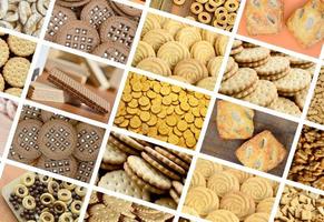 A collage of many pictures with various sweets close-up. A set of images with varieties of biscuits, bagels and candies photo
