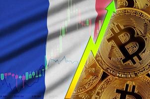 bandera de francia y tendencia creciente de criptomonedas con muchos bitcoins dorados foto