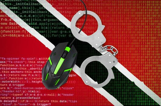 Trinidad and Tobago flag  and handcuffed computer mouse. Combating computer crime, hackers and piracy photo