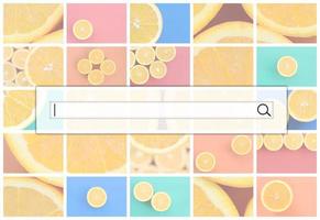 Visualization of the search bar on the background of a collage of many pictures with juicy oranges. Set of images with fruits on backgrounds of different colors photo