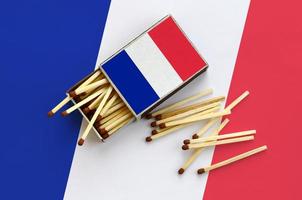 France flag  is shown on an open matchbox, from which several matches fall and lies on a large flag photo