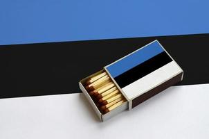 Estonia flag  is shown in an open matchbox, which is filled with matches and lies on a large flag photo