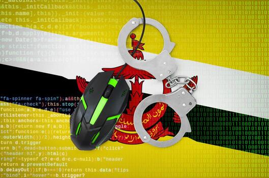 Brunei Darussalam flag  and handcuffed computer mouse. Combating computer crime, hackers and piracy photo