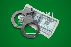 Saudi Arabia flag  with handcuffs and a bundle of dollars. Currency corruption in the country. Financial crimes photo