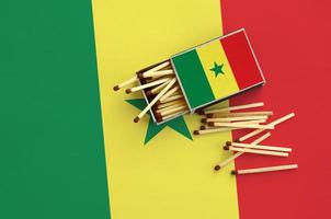 Senegal flag  is shown on an open matchbox, from which several matches fall and lies on a large flag photo