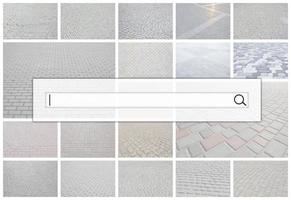 Visualization of the search bar on the background of a collage of many pictures with fragments of paving tiles close-up. Set of images with pavement stone photo