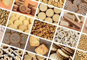 A collage of many pictures with various sweets close-up. A set of images with varieties of biscuits, bagels and candies photo
