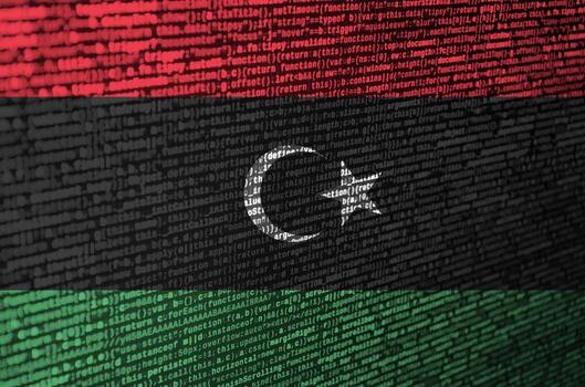 Libya flag  is depicted on the screen with the program code. The concept of modern technology and site development photo