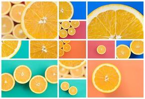 A collage of many pictures with juicy oranges. Set of images with fruits on backgrounds of different colors photo