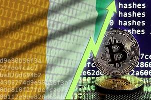 Ivory Coast flag and rising green arrow on bitcoin mining screen and two physical golden bitcoins photo